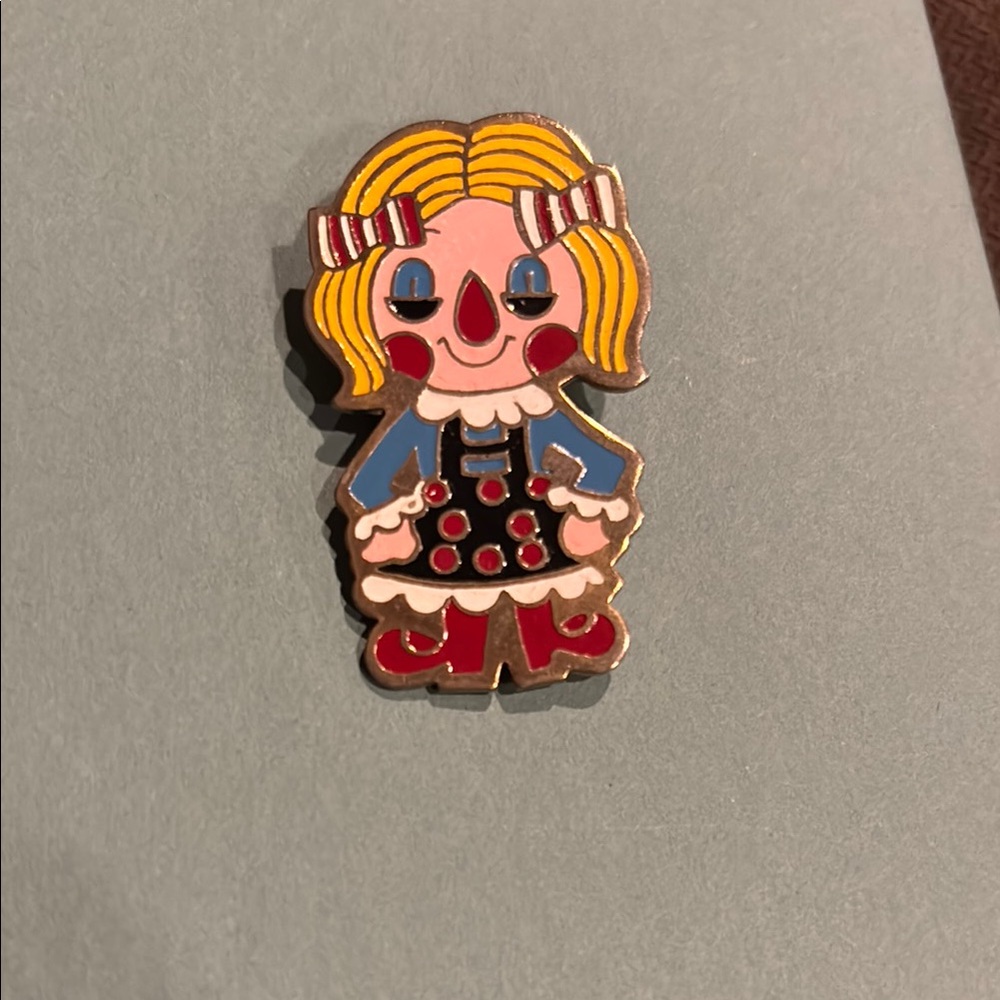 Colorful Rag Doll Enamel Pin vintage girl with pig tails blond hair polka dots